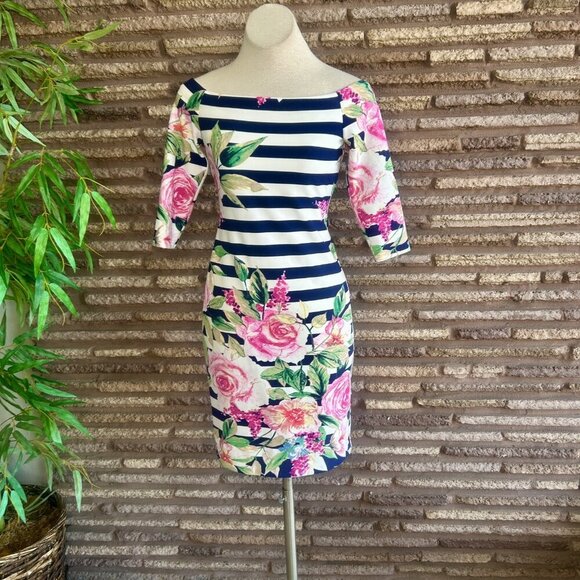 Eliza J Off Shoulder Striped Rose Floral Long Sleeve Dress Size 6 - Picture 10 of 10